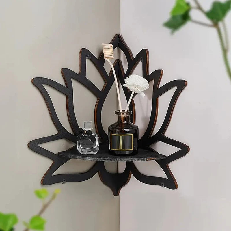 Wooden Lotus Hollow Decorative Rack Aromatherapy Organiser Essential Oil Candle Holder Wall Mounted Shelf Corner Shelf